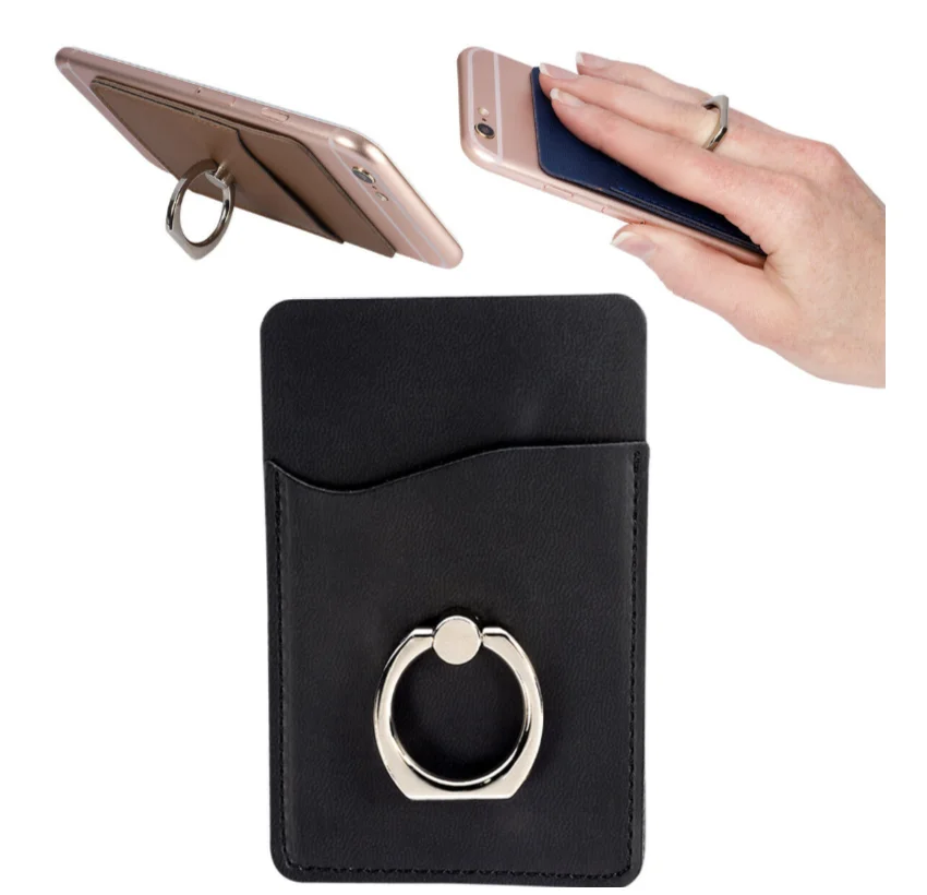 

Leather Cell Phone Card Holder Pouch Pocket Wallet Stick with Finger Ring Stand, Various colors