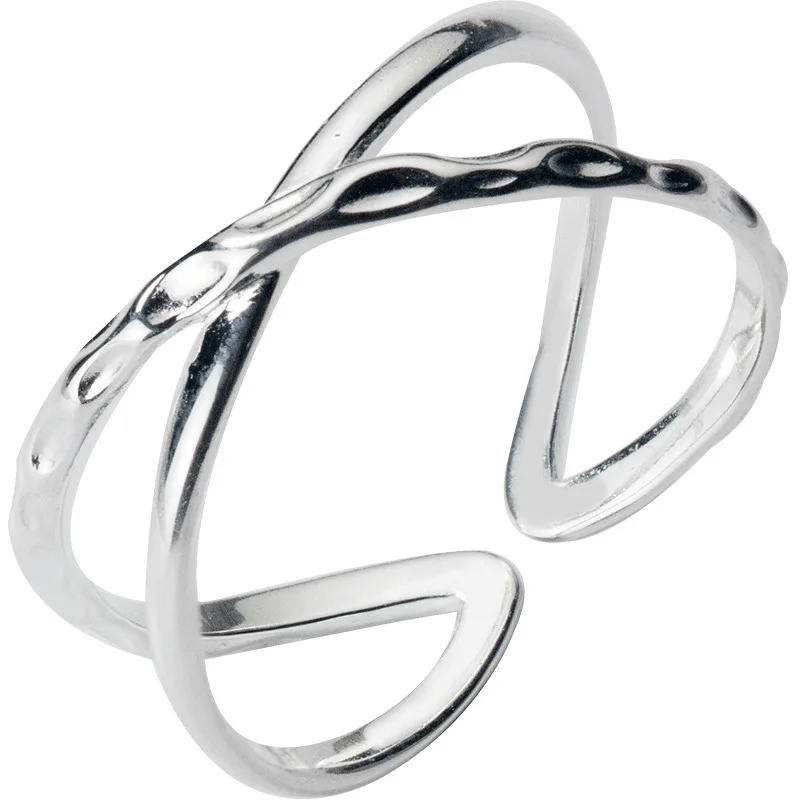 

R1511 Aniversaire Silver Jewelry Sterling Silver 925 Double Line Crossed Open Ring