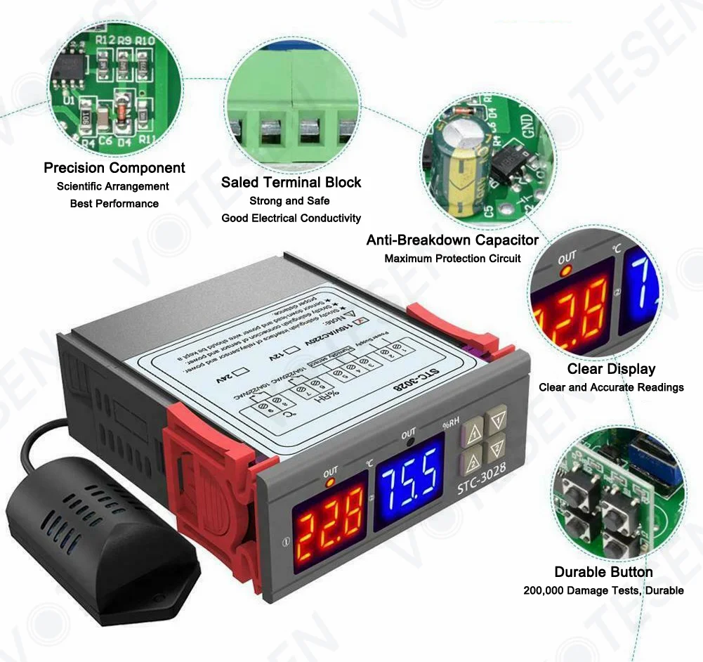 Sonde de capteur de contrôleur d'humidité de température numérique STC-3028  pour incubateur 12/24/220 V. - Chine Contrôleur de température et d'humidité  STC-3028, contrôleur d'humidité et de température