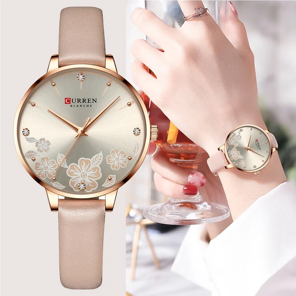 

CURREN 9068 Watches Women Brand Leather Quartz Wristwatches Luxury Design Clock for Ladies Charm Flowers Dial Montre Femme