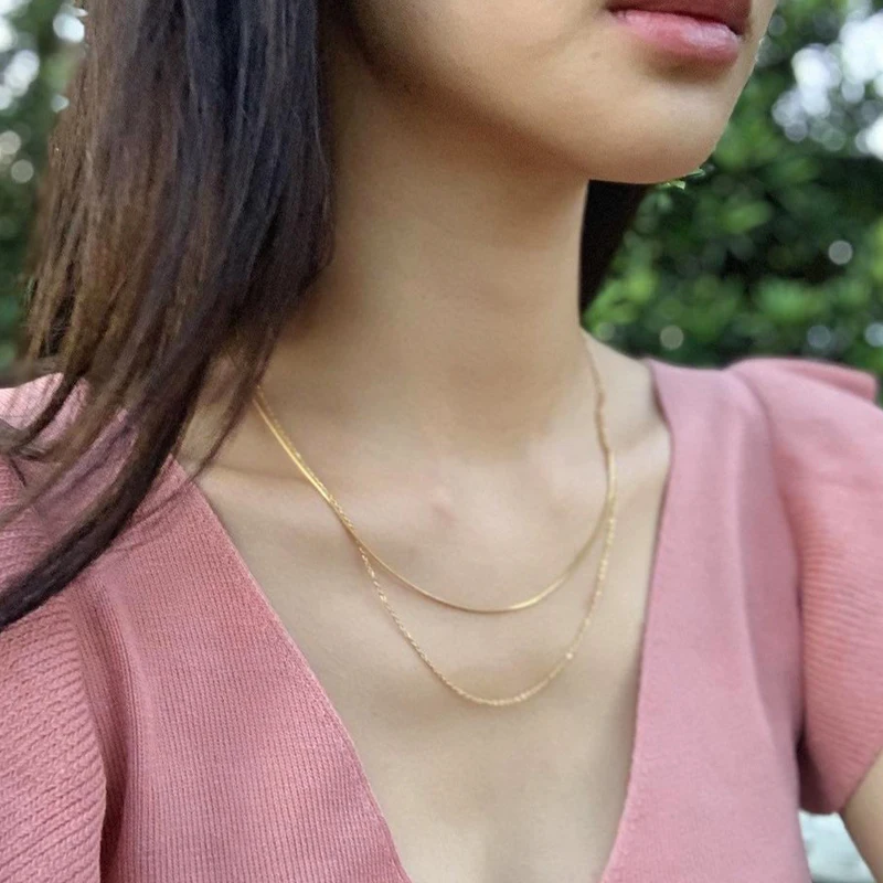 

Minimalist Ladies 18k Gold Filled Stainless Steel Layering Herringbone Necklace Double Snake Chain Necklace