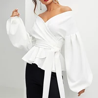 

V neck Off the Shoulder sexy Blouses White lantern Sleeve Shirts Women Sexy Tops Womens Clothing