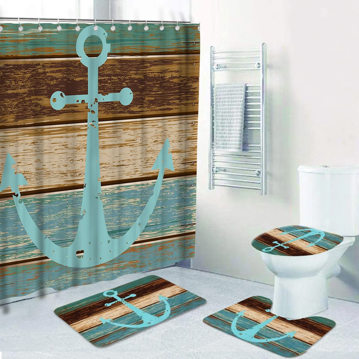 

16 pc polyester custom logo brand printed ocean design waterproof shower curtain set with bath mat rugs carpet toilet with hooks, Customized