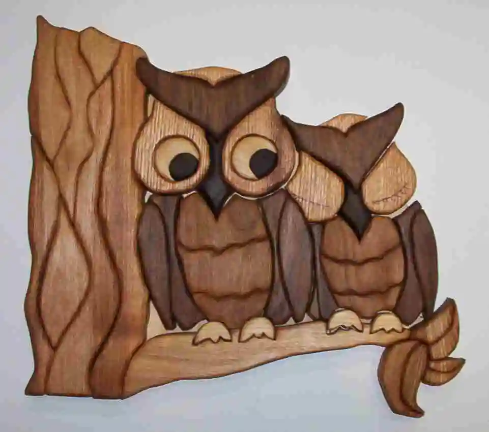 Intarsia Wood Art Owl II Hand Carved in Vietnam Wooden Puzzle Box 