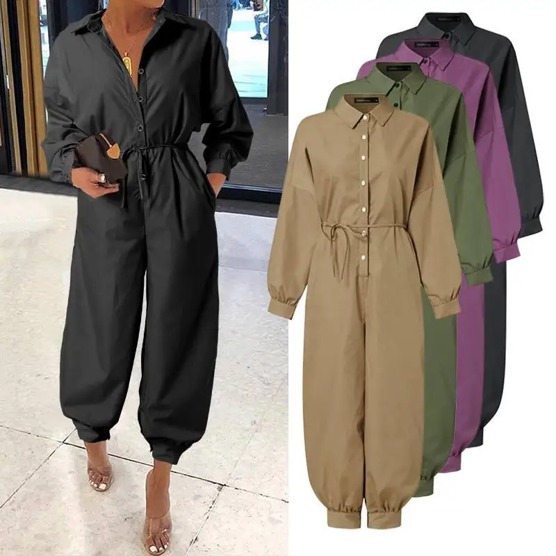 

S-5XL Celmia Cargo Rompers Women Long Sleeve Belted Vintage Jumpsuits 2021 Autumn Lapel Solid Casual Playsuits Buttons Overalls