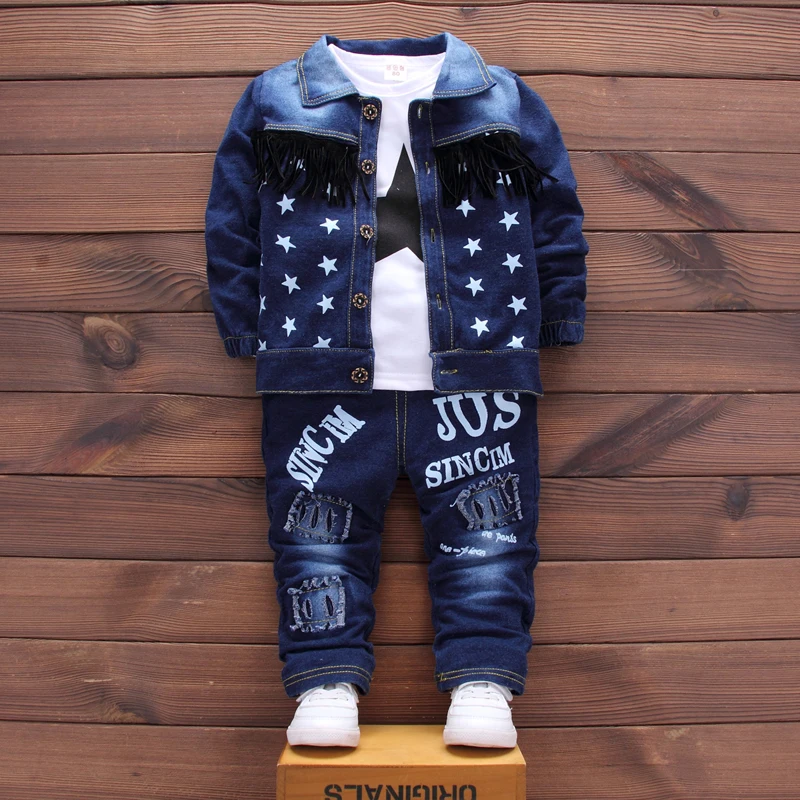 

Boys jeans fringed jacket + T-shirt + trousers 3 sets of children's winter clothes, Picture shows