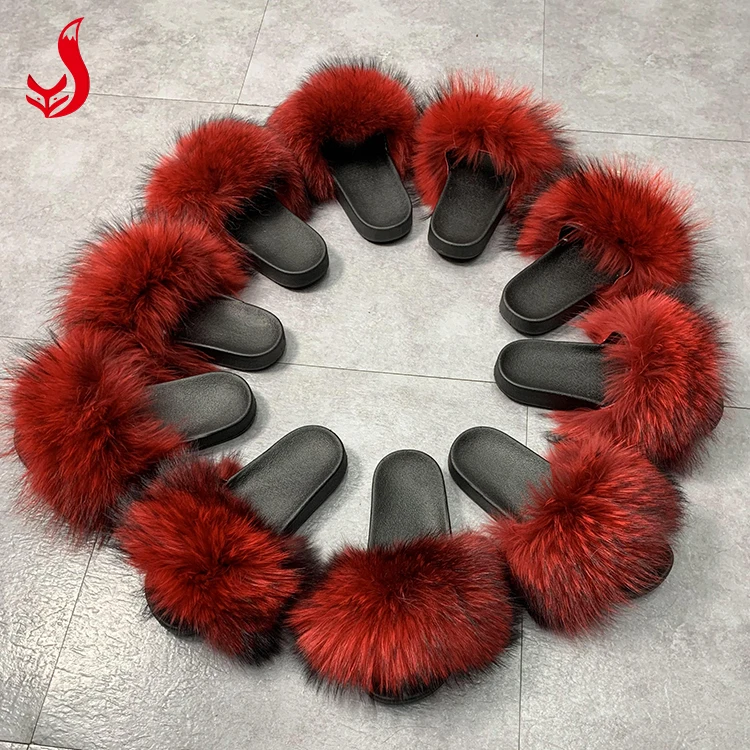 
Wholesale women big real natural fluffy black brown raccoon fur slides slipper for lady and kids 