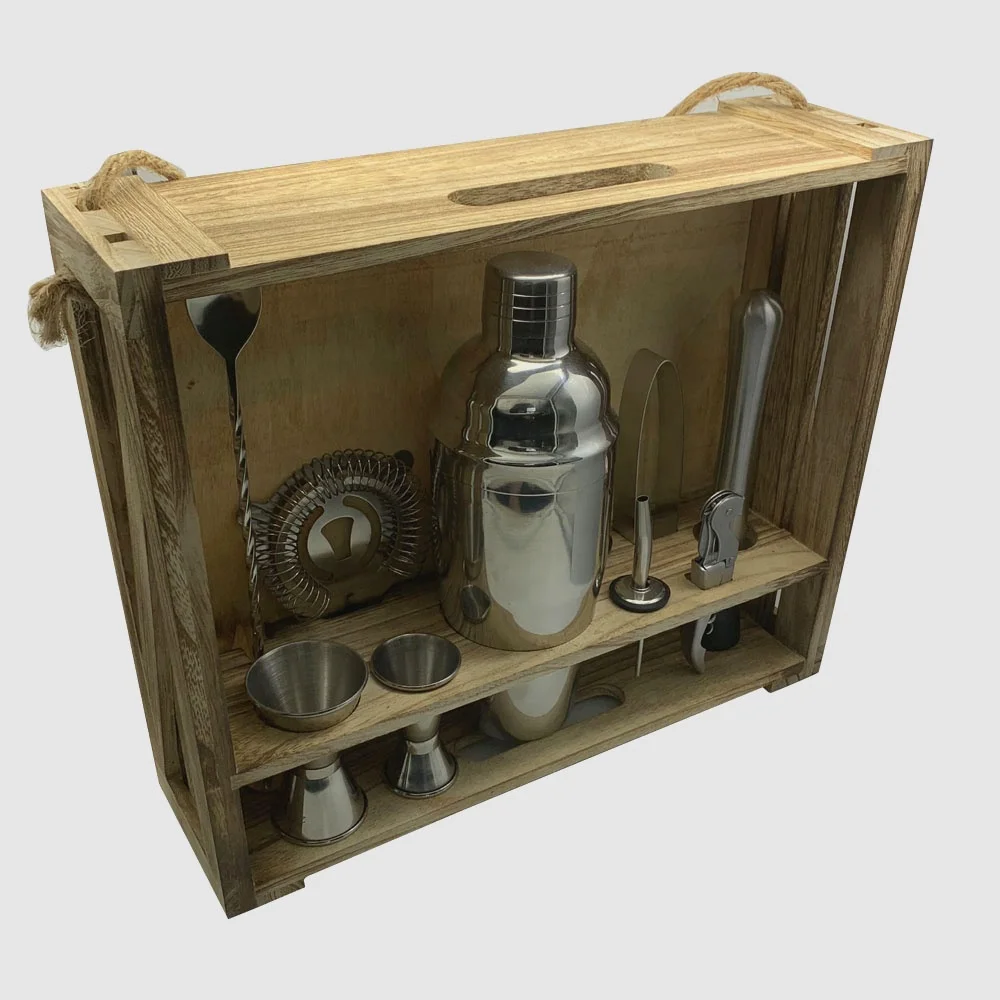 
Custom Logo Home Bar 304 SS 11-Piece Bar Tool Set with Patent Pending Rustic Wood Stand Bartender Cocktail shaker set 