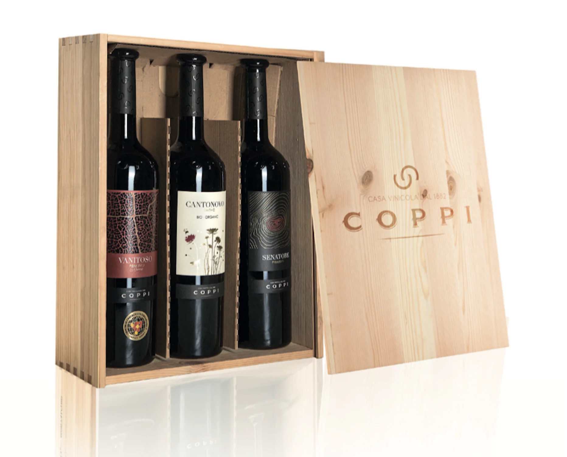 
Wood Gift Box COPPI Wines 3 bottles - Puglia, Italy - Italian Puglia Apulia Wine 