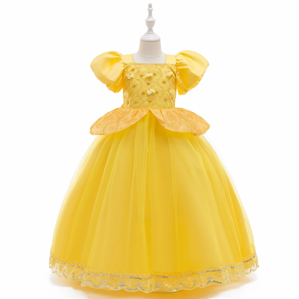 

FSMKTZ Wholesale Princess Belle Dress Beauty And The Beast Fancy Costume Queen Belle Yellow Flower Girl Dresses LP-265