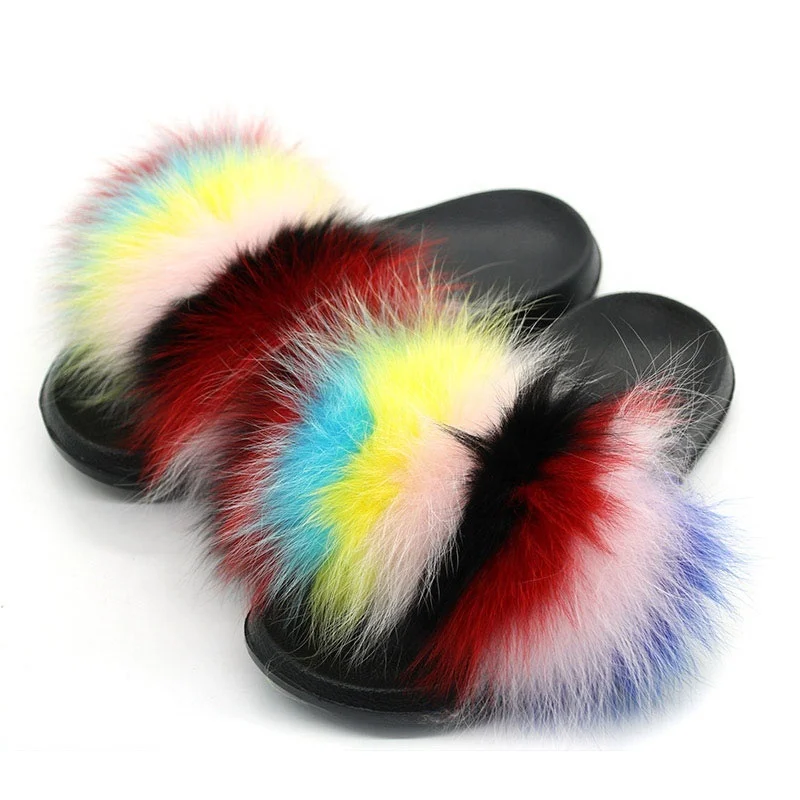 

Wholesale Natural Furry Raccoon Soft Fur Slippers for Women