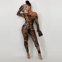 

Perspective Printed Diamond Off The Shoulder Bodycon Jumpsuit Women 2019