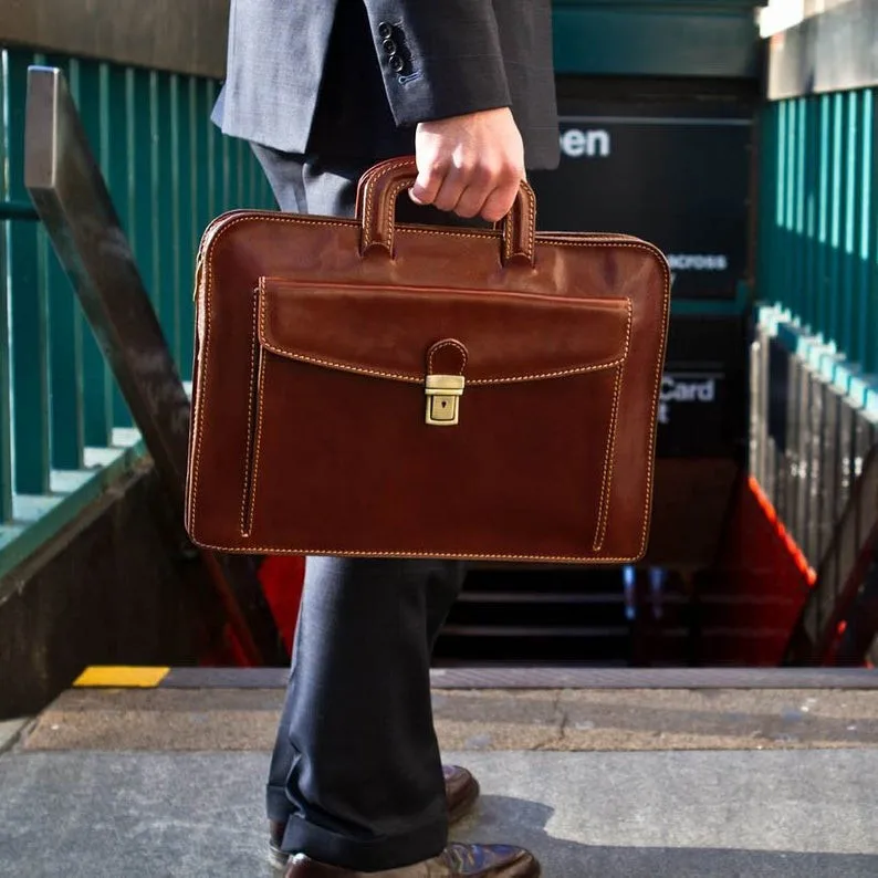 leather briefcase brown mens laptop bag combination lock brown