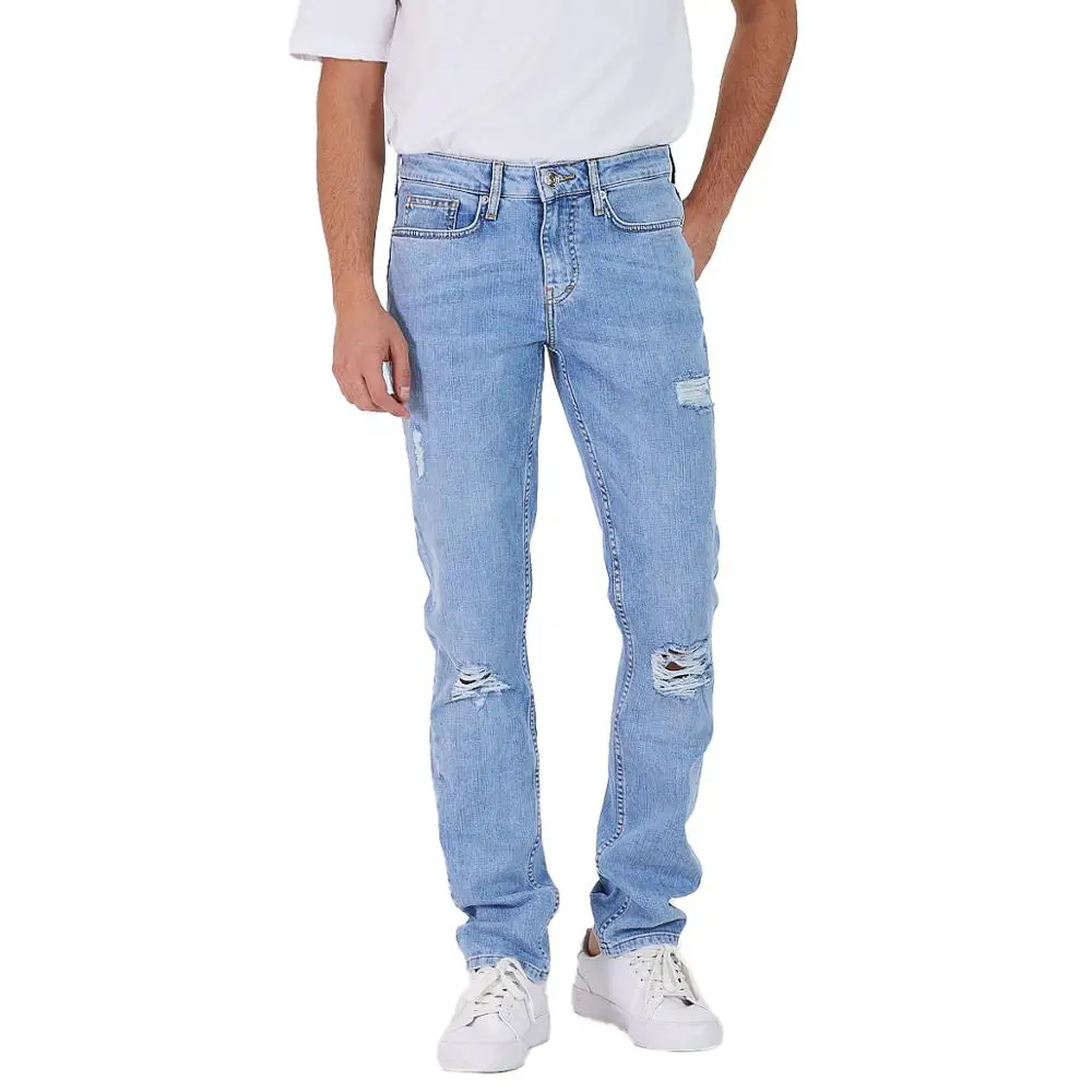 Men's Light Blue Ripped Detailed Slim Fit Jeans