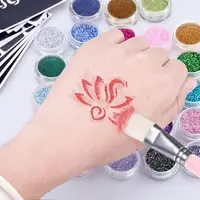 

New Flash Temporary Tattoo Set with 12 Glitter Powder Hollow 1 Tattoo Template 1 Glue 5 Brushes for Children Teenagers Adults