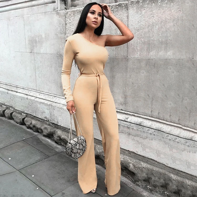 Sexy Solid One Shoulder Long Sleeve Jumpsuit Mujer For Women