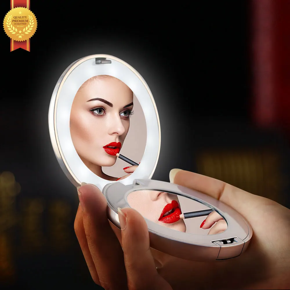 

Cm9A Light Up Bamboo Square Mini Ladies Black Crystal Heart Glitter Private Label Compact Mirror Led Custom Pink, Customized