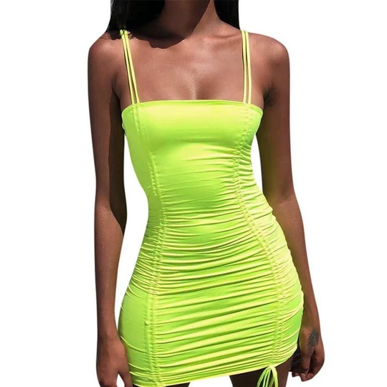 

Versatile Ruched Green Ladies Dress Drawstring Ruched Mini Dress Sling For Female Evening Dresses Women Sexy Bodycon Dress
