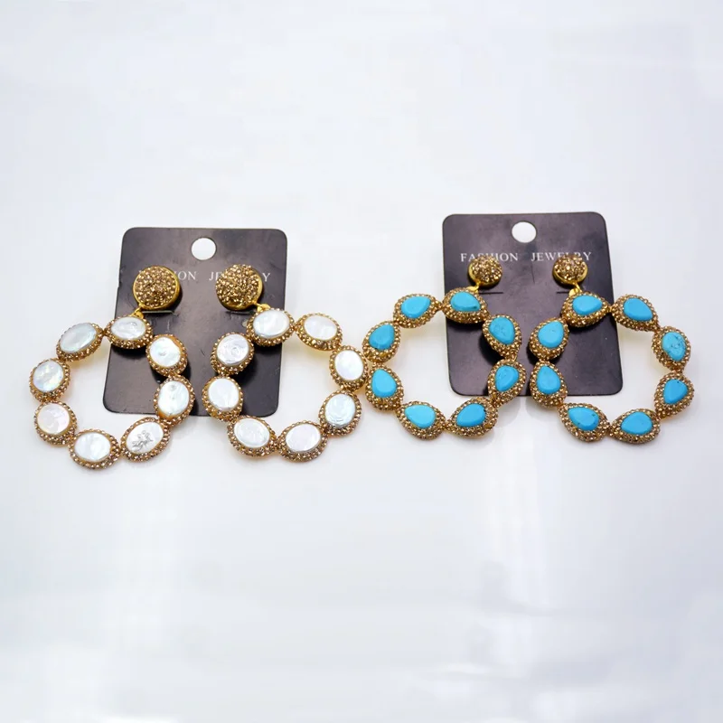

Turquoise pearl Earrings large circle gemstone earring paved rhinestones boho jewelry, Multi colors