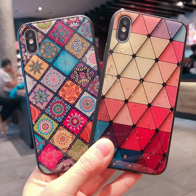 

Grid epoxy back case for iphone Xs max crystal Mobile phone grid tempered glass case for sumsung s10 plus for huawei p30 pro
