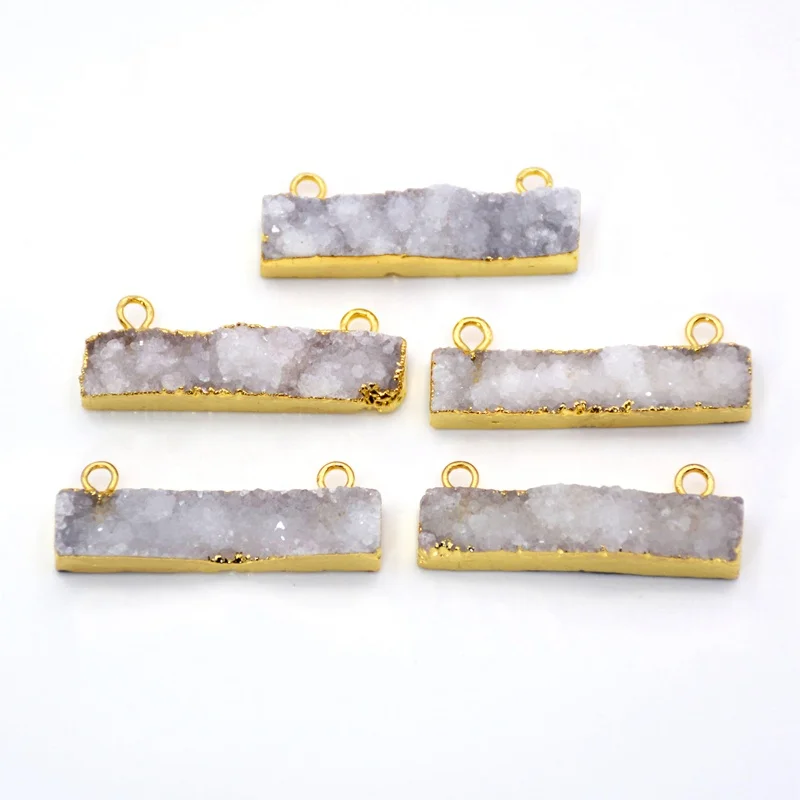 

Rectangle Rough Natural Agate Druzy Geode Bar Connector Gold Plated Double Ring Raw Drusy Gemstone Charm Making Jewelry, White druzy