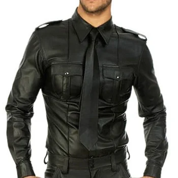 Mens Police Uniform Shirt Bluf Gay Black Sheep/lamb Long Sleeve Leather ...
