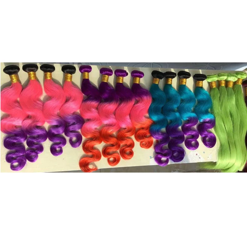 

Ombre color 3 colors hair extensions Pink Red Blue Purple Straight body wave Human Hair Weave Brazilian hair extensions