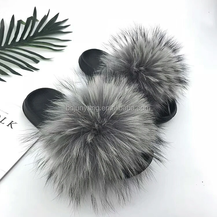 

Plush fur pom pom slippers soft raccoon slipper sandals