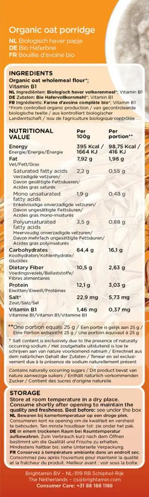 
Brightamin Bio Organic Oat Porridge (ready to mix with water or milk) 