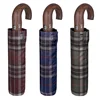 Fashion Elegant Pongee Tartan Design Fabric Large Size Lightweight Wooden Handle Windproof Travel 3 Fold Mini Rain Umbrella