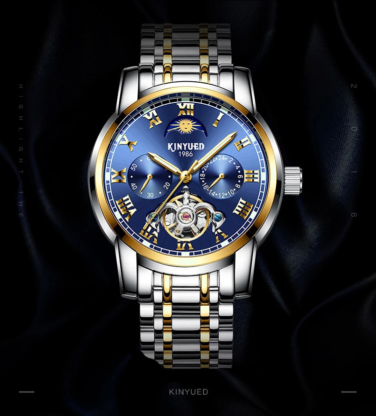

Blue Gold Dial Mens Automatic Mechanical Wrist Watches Stainless Steel Skeleton Tourbillon Moon Phase Watch
