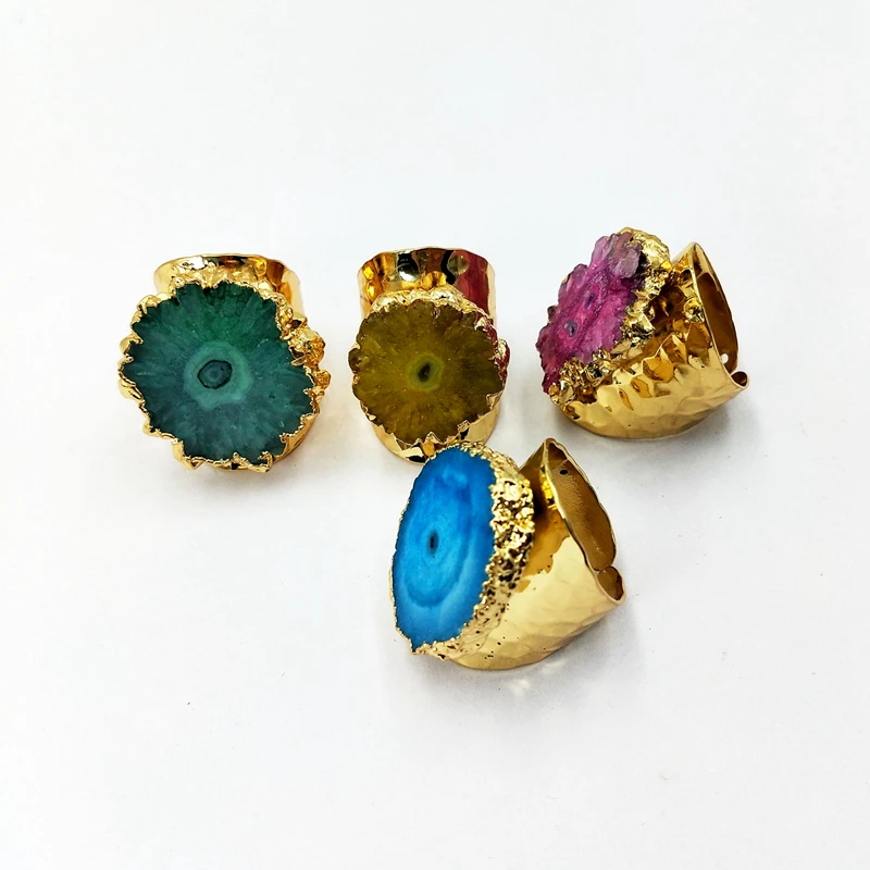 

Statement Big Ring Mix Colors Purple Pink Blue Solar Quartz Stalactite Druzy Stone Gold Plated Freeform Women Rings