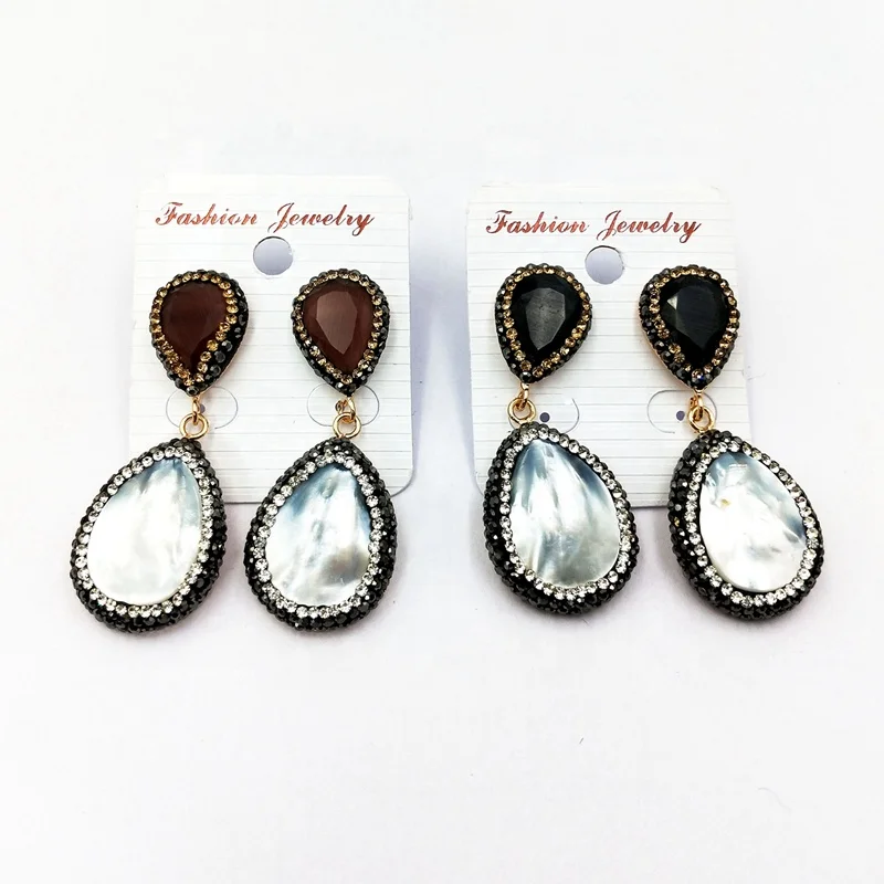 

Wholesale handcrafted Nature shell water drop Earrings pave rhinestone Crystal charm dangle earrings for women Jewelry, White