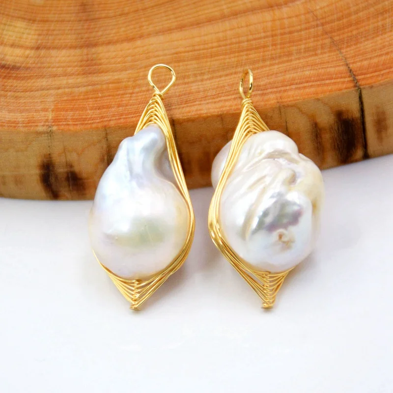 

Natural Freshwater Pear handmade Pendants Baroque Pearl fireball pearl pendant Wire Wrapped 24k gold plated jewelry, White