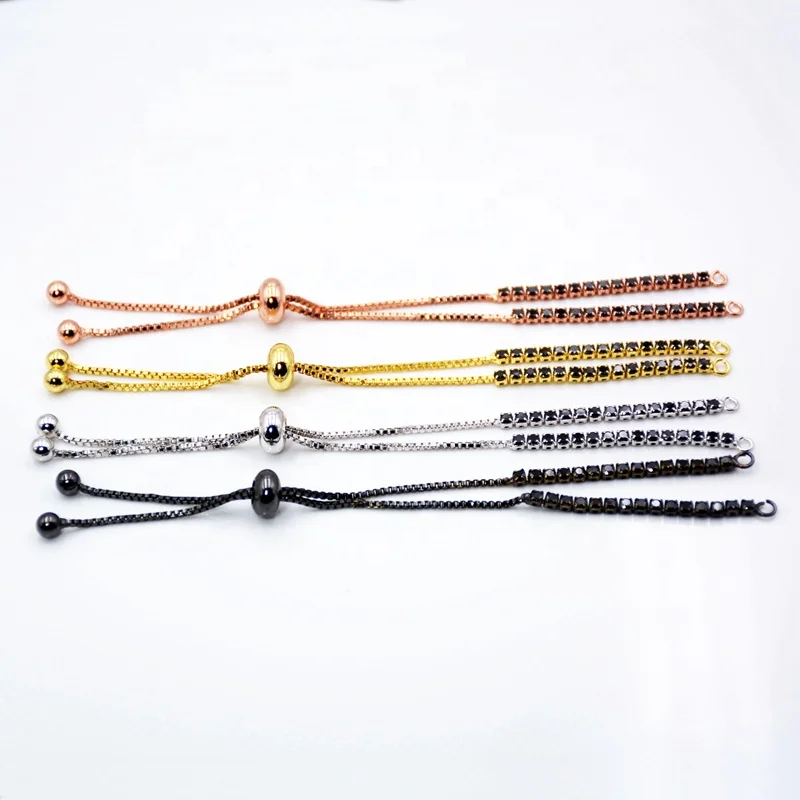 

Adjustable Box Chain Bracelet Finding Black CZ Crystal 10" Connector Chains Lead Free Rose Gold Silver Gunmetal Plated, Multi colors