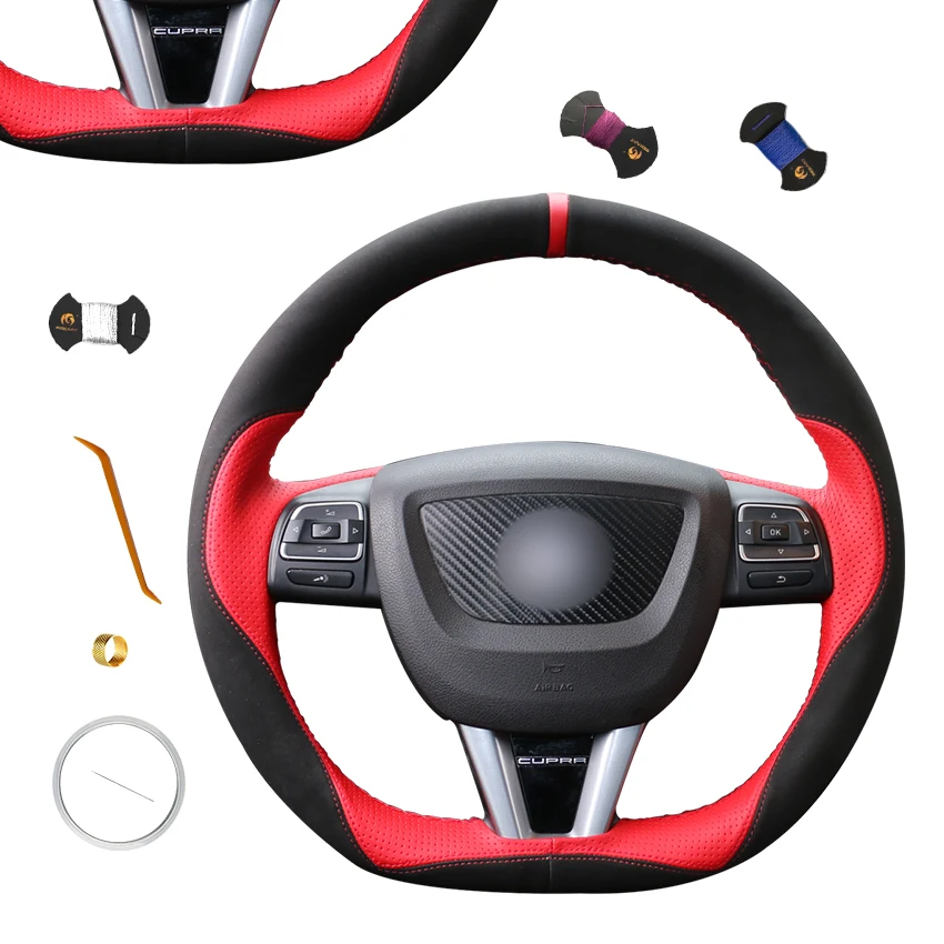 

Suede Leather Black Red Customized Design Hand Sewing DIY Steering Wheel Cover For Seat Leon 2009 2010 2011 2012