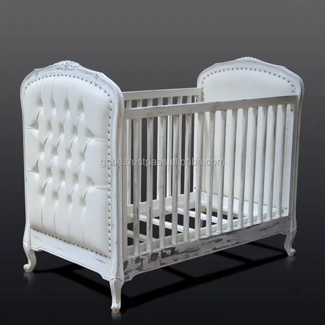 Wooden Baby Crib White Distressed Color Mahogany Wood Hand Made