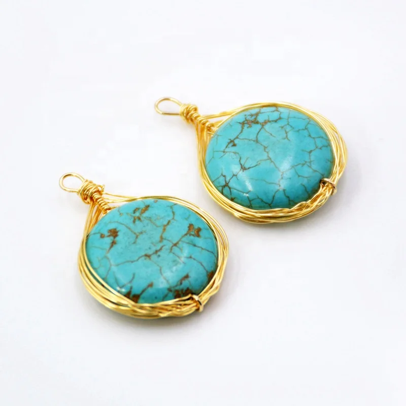 

Wire Wrapped Turquoise pendant Bright Vibrant Blue Turquoise roundel beads gold plated Pendants handmade jewelry