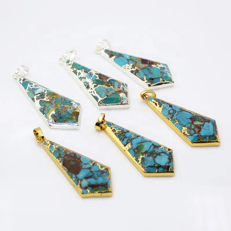 

Natural Gold Turquoise Pendant Shield Drop Copper Turquoise Blue Gemstone Charm Boho Designs Making Jewelry DIY Women