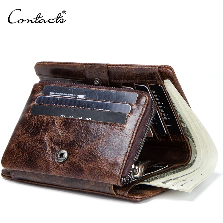 

Genuine Leather Tri-Fold Slots Extra Capacity RFID Blocking Men's Wallet Bifold Credit Card ID Holder Zip Coins Purse, Black brown or customized