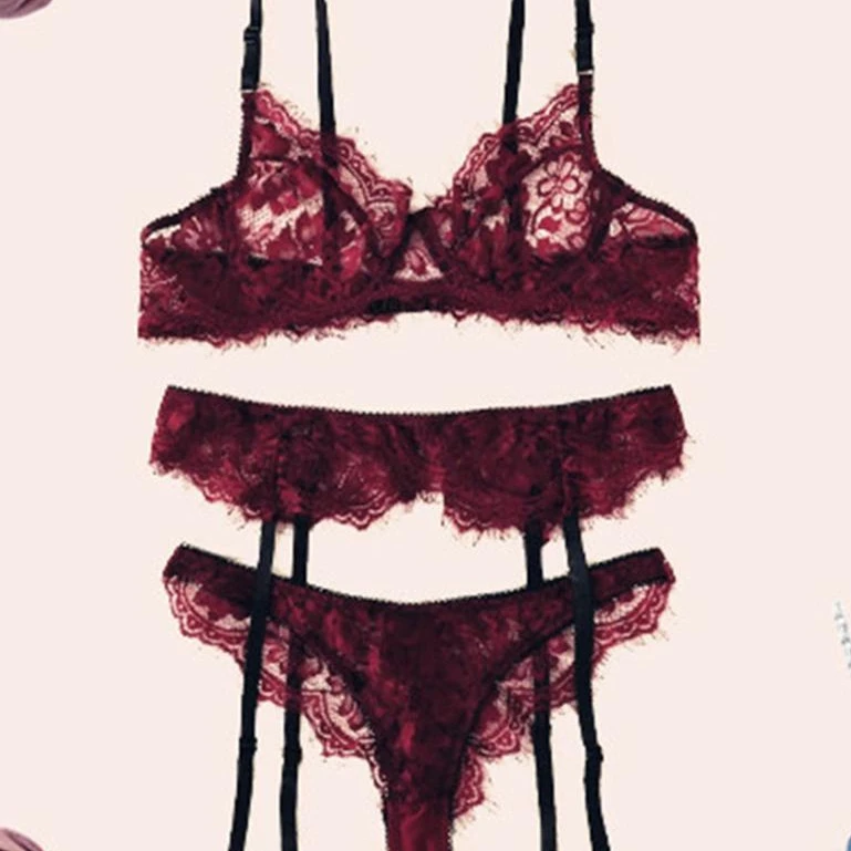 

Women Dark Red New Arrival Three-Piece Lace Perspective Lingerie Set, As shown lingerie