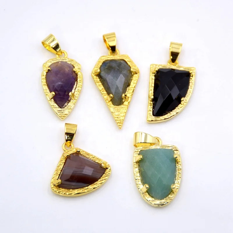 

natural gemstone pendants agate labradorite howlite amethyst rose quartz jewelry gold Shield charms for necklace making, Multi