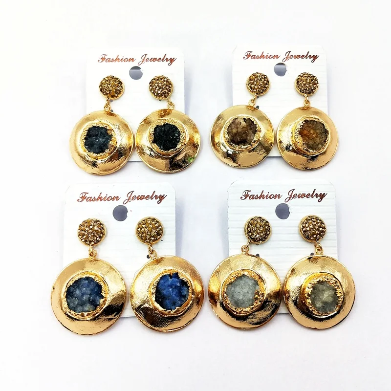 

Wholesale round druzy dangle earring gold plated druzy earrings paved rhinestone drusy jewelry