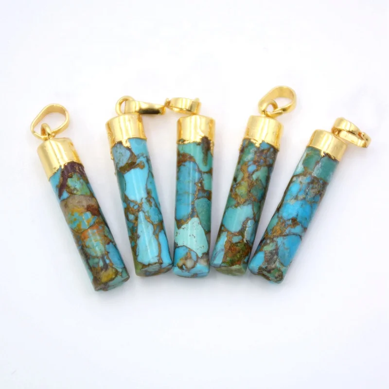

Rectangle Tube Cylinder Shape Natural Turquoise Pendants gold plated Turquoise bar Pendants For Jewelry Making, Blue
