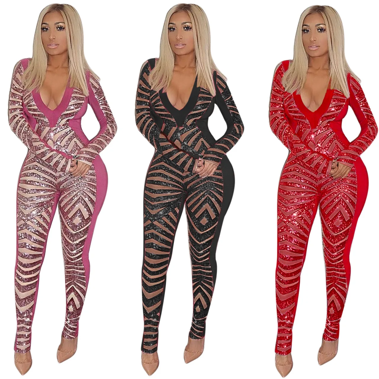 

M7007-GMO829 Sexy women deep v neck sequin romper long jumpsuit