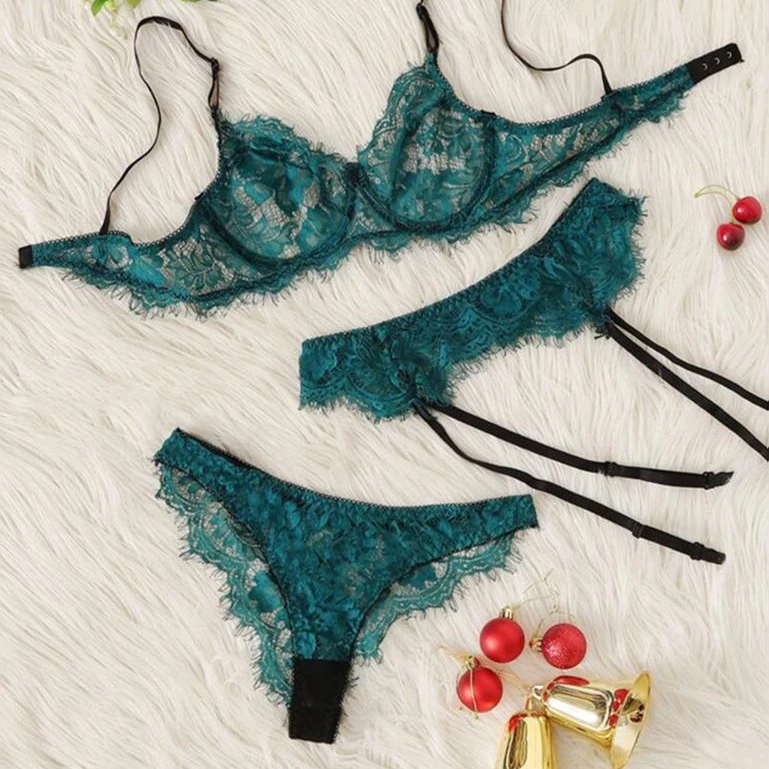 

Green Hot Sale Three-Piece Bud Ribbon Lace Women Lingerie Sexy, As shown lingerie