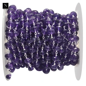 Amethyst 7-8mm round faceted beads silver plated wire wrapped link rosary chain by foot jewelry making supplies