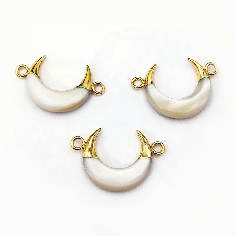 

Tiny Mother Of Pearl connector Crescent Double Bail Horn shell Pendant with 24k Gold Electroplated Band moon shape jewelry