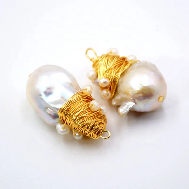 

Natural Baroque Pearl Pendant Freshwater Pearl handmade Pendants Wire Wrapped 24k gold plated jewelry, White