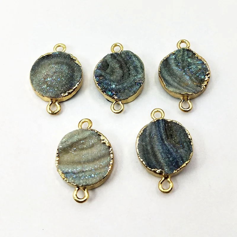 

Natural Agate Quartz Druzy Connector Beads gold Edge Color Quartz Gemstone Jewelry Bead Galaxy Stone round Sun Agate connector, Blue druzy